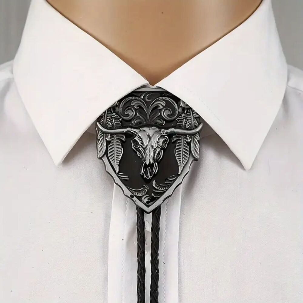 Silver & Black Texas Western Cowboy Bull Skull Bolo Tie – Braided Cord